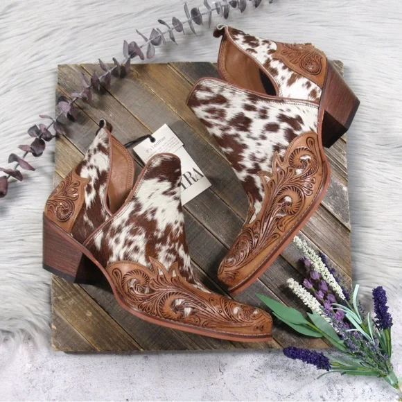 MYRA Western Boho Horse Jane Tooled Leather Hairon Calf-Hair Ankle Booties 10 - Picture 1 of 11